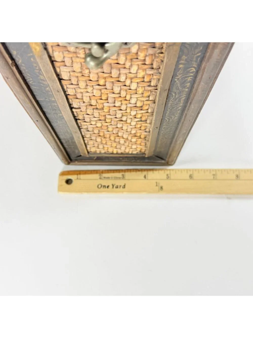 Wooden Primitive Wine Storage Box Woven Rattan & Metal Accents Rustic Decor